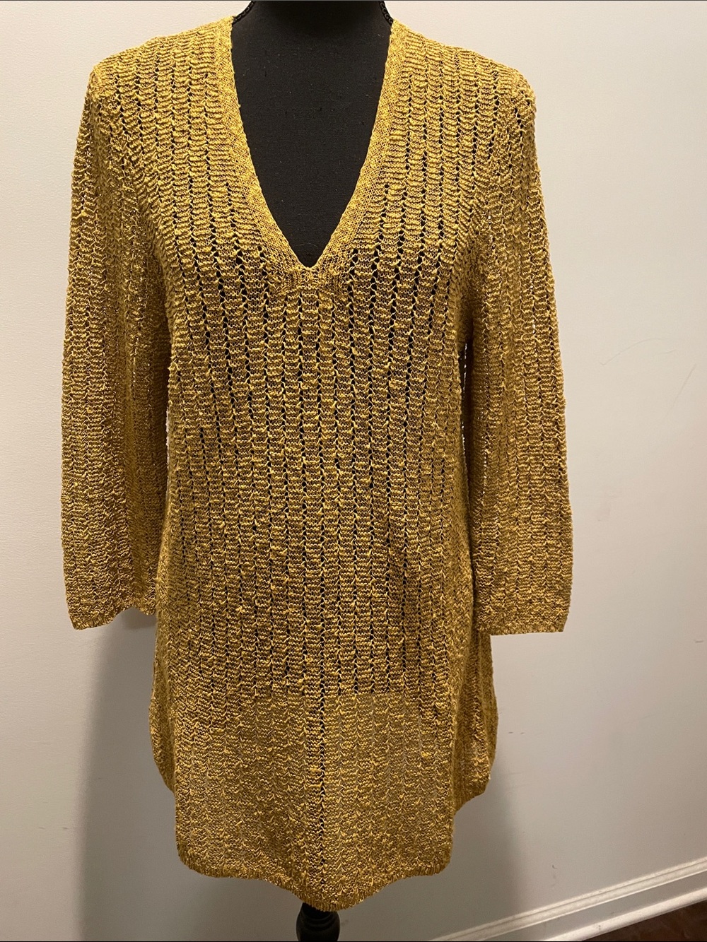J. Jill Textured Gilded Coon Sweater Dress Tunic Size S Golden Mustard Open Knit